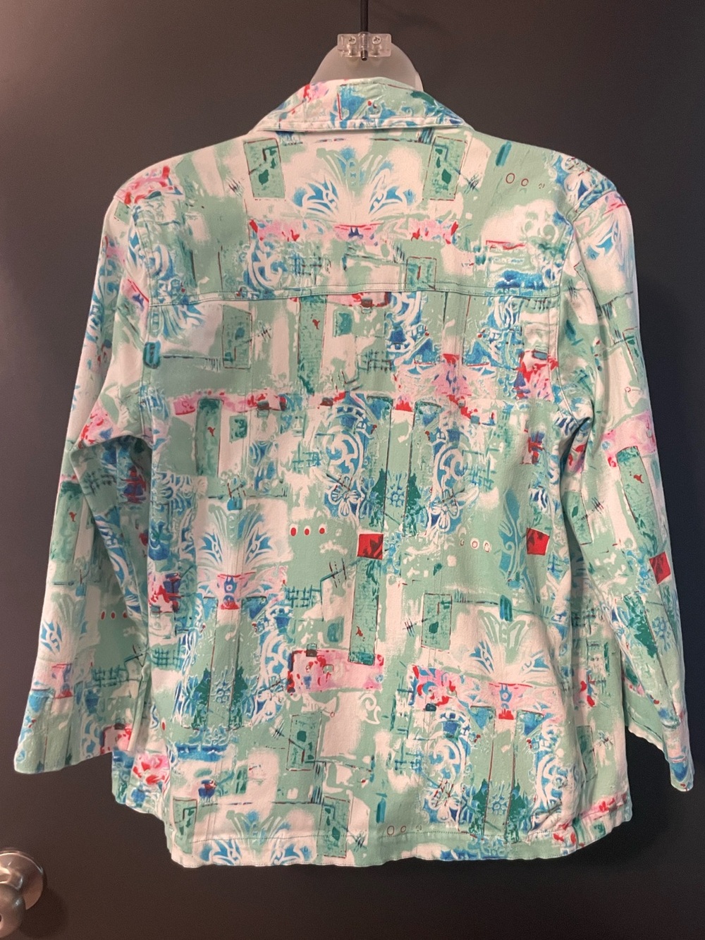 Karen Hart Abstract Print Stretch Cotton Jacket Mint Blue Pink Size Large - Picture 7 of 8